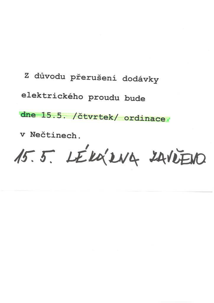 Dne 15.05.2025 bude praktický lékař ordinovat v Nečtinech
