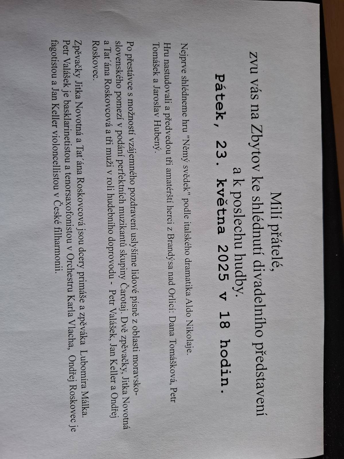 Zbytov - pozvánka ke shlédnutí divadla a poslechu hudby.