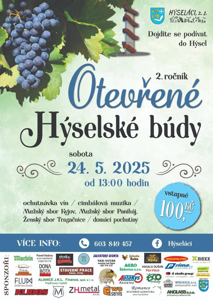 Spolek Hýseláci a tamní vinaři pořádají 2. ročník OTEVŘENÝCH HÝSELSKÝCH BÚD v sobotu 24. května 2025 od 13.00 hodin.