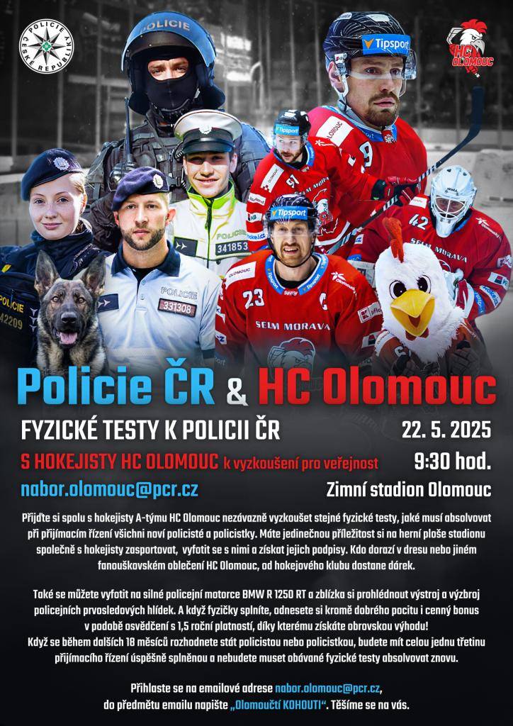 Olomoučtí policisté a hokejisté HC Olomouc zvou své fanoušky a širokou veřejnost ve čtvrtek 22. května 2025 na 09:30 hod. na Zimní stadion v Olomouci (Hynaisova ulice, vstup hlavním vchodem).