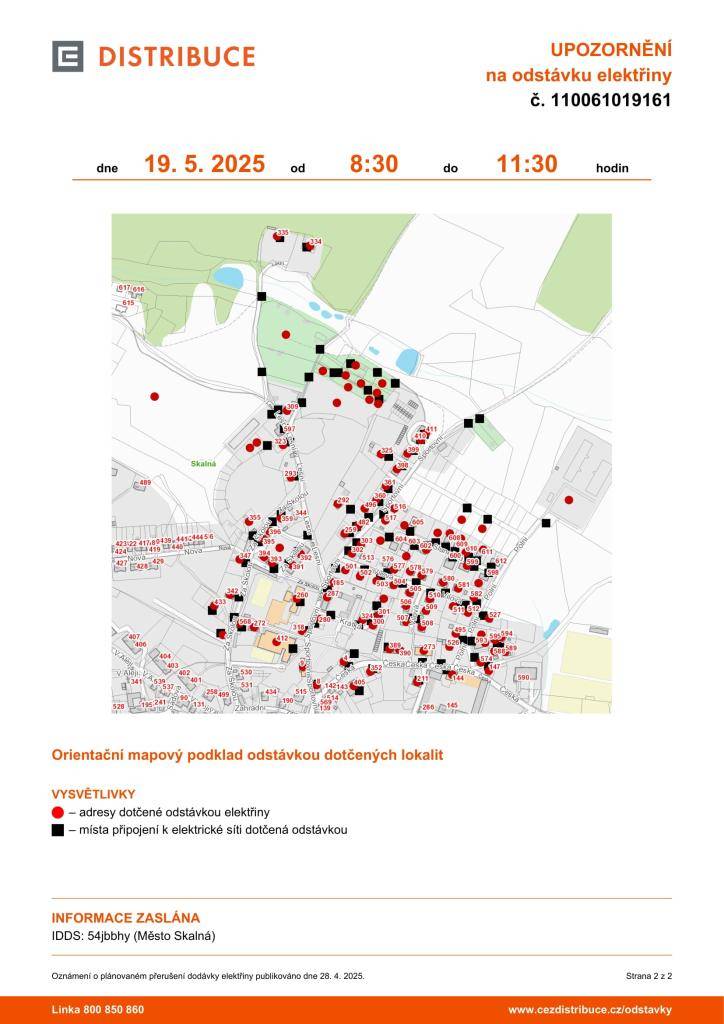 Vážení občané,  upozorňujeme vás na plánovanou odstávku elektrické energie, která proběhne v pondělí 19. května 2025 v čase od 8:30 do 11:30 hodin.