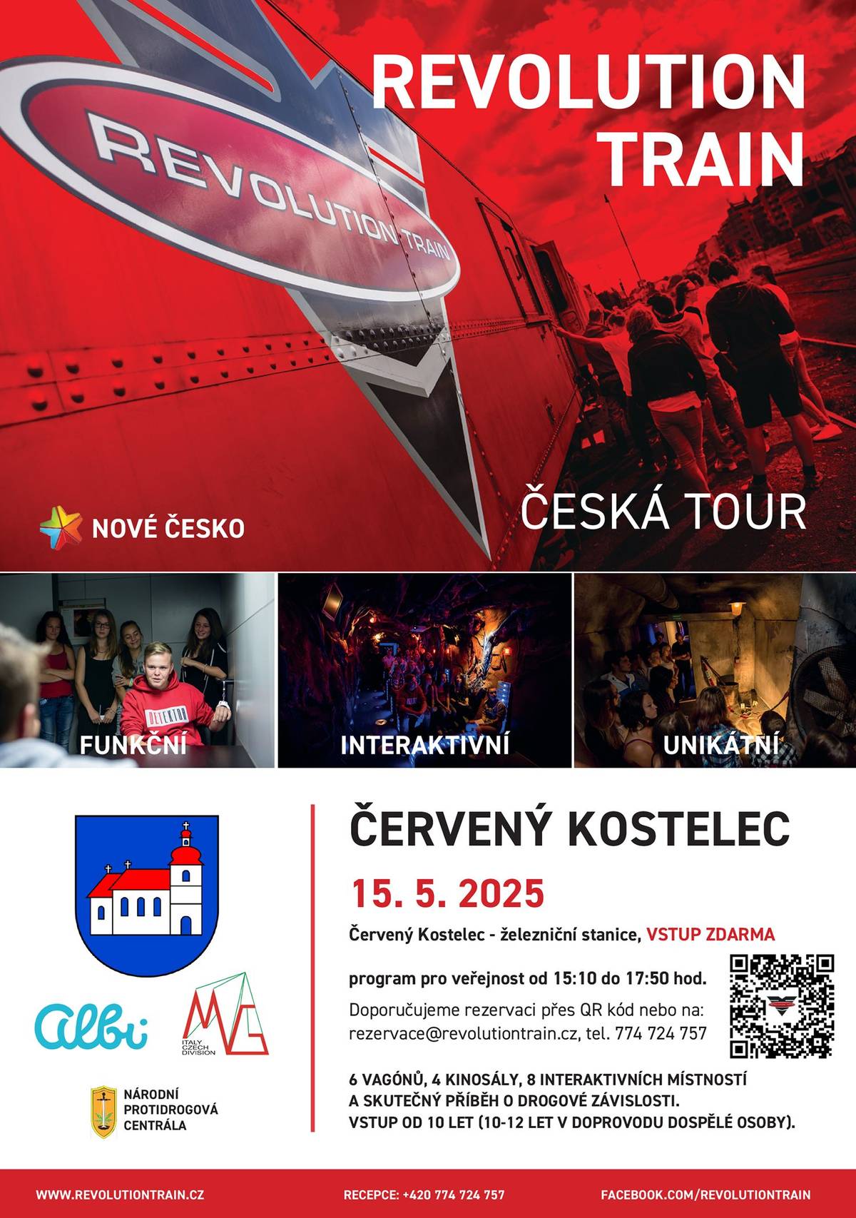 Unikátní, interaktivní a funkční program protidrogové prevence. Multifunkční prostory vlaku umožňují provádění programů pro školy, rodiny s dětmi, širší veřejnost i zaměstnanecké kolektivy. Šest stříbrných obrněných vagónů =  4 kinosály, 8 interaktivních místností a v nich příběh, jak snadné je propadnout drogám a jak těžké je se závislosti zbavit. Cílem vlakového programu REVOLUTION TRAIN je prostřednictvím zapojení lidských smyslů zapůsobit na návštěvníka a inspirovat jej k pozitivním životním volbám. Jsou zde představeny mechanismy, kterými drogová závislost vzniká až do důsledků, které v životě závislého čekají. Díky zapojení do reálného příběhu, emotivním situacím a interaktivnímu přístupu dokáže program zaujmout a dát prostor k přemýšlení nad nebezpečím legálních i nelegálních drog. Program trvá 90 minut a je určen jak pro školní skupinky (od 12 do 17 let) tak i pro širokou veřejnost (od 10 let). Vítáni jsou i rodiče, protože náznaky užívání drog se objevují již u dětí ve velmi nízkém věku. Rodiče si závislosti u dítěte dlouho nemusí všimnout a nakonec může být pozdě.  Vstup bude díky městu Červený Kostelec, ALBI ČESKÁ REPUBLIKA a.s. a MG Italy po celou dobu zdarma. REVOLUTION TRAIN dlouhodobě podporuje Národní protidrogová centrála. Podporu a záštity projektu udělili Policejní prezident PČR, Ministerstvo vnitra a ministr zdravotnictví ČR. Velkou podporou jsou pozitivní reakce dětí a pedagogů, kteří se programu zúčastnili.