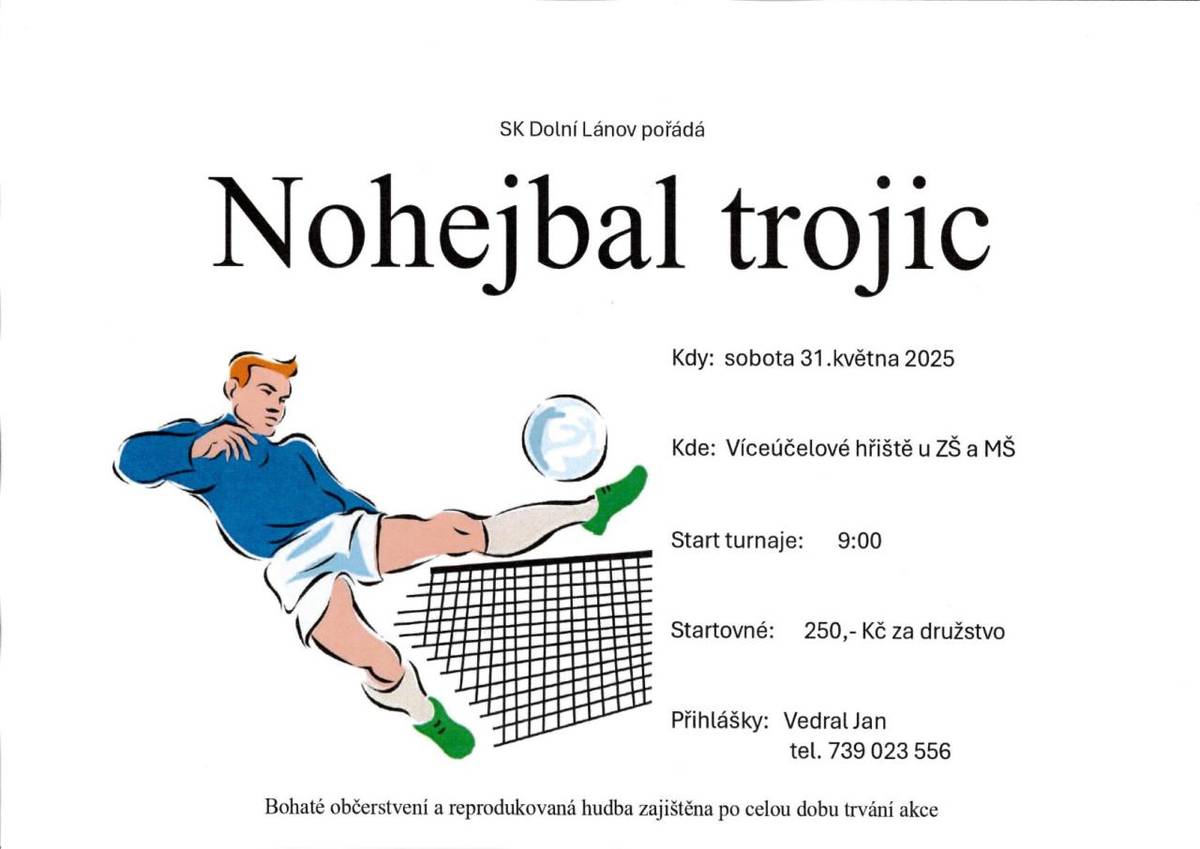 Zveme vás na sportovní událost - nohejbal trojic. Tato akce je otevřena pro všechny zájemce, kteří si chtějí užít sportovní den plný zábavy a soutěživého ducha.