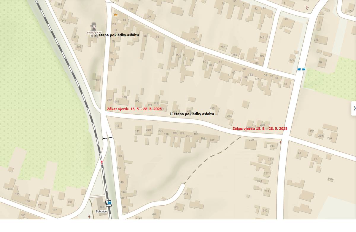 Na ulici Marešov (od hlavní silnice k sýpce) se provádí přípravné práce  před finální pokládkou asfaltu - 1. etapa stavby. Od 15. května 2025 nebude možný příjezd k rodinným domům a zahradám  na této ulici. Nebude možné parkovat v místě stavby.   V pátek 23. května 2025 bude položena 1. vrstva asfaltu.  V úterý 27. května 2025 bude položena finální 2. vrstva asfaltu.   Po pokládce asfaltu bude platit přísný zákaz vjezdu na nový povrch!  Vjezd na komunikaci bude možný až ve středu 28. května 2025.  Termíny nejsou závazné. Může dojít i k posunu termínů. V takovém případě  Vás budeme informovat místním rozhlasem.   Křižovatka u sýpky bude ještě nějakou dobu s opatrností průjezdná.  K úplné uzavírce dojde v druhé etapě stavby.   V případě nejasností, či podání informace mě můžete kontaktovat  na tel. č. 724 183 293, e-mail: starosta.bohutice@seznam.cz.