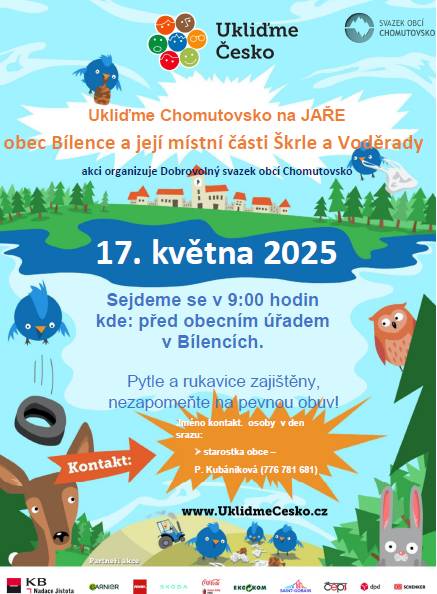 Pojďte se s námi zapojit do celorepublikové akce Ukliďme Česko - v naší obci již zítra  v sobotu 17. května 2025 od 9:00 hodin. Sraz před obecním úřadem, kde si rozdělíme úklidové pomůcky a podle účastníků si zvolíme jednotlivé lokality naší obce. Starostka