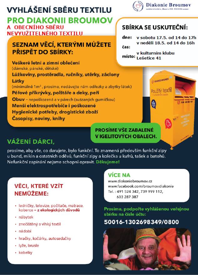 Připomínáme, že o tomto víkendu proběhne v kulturním klubu Lešetice 41 charitativní sbírka pro Diakonii Broumov a zároveň sběr již dále nevyužitelného textilu.