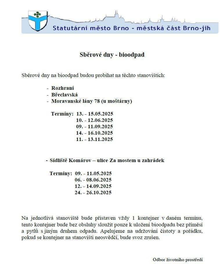 V souvislosti se změnou spaletileností bioodpadu jsme pro vás se společností SAKO Brno připravili tato místa kde bude kontejner.