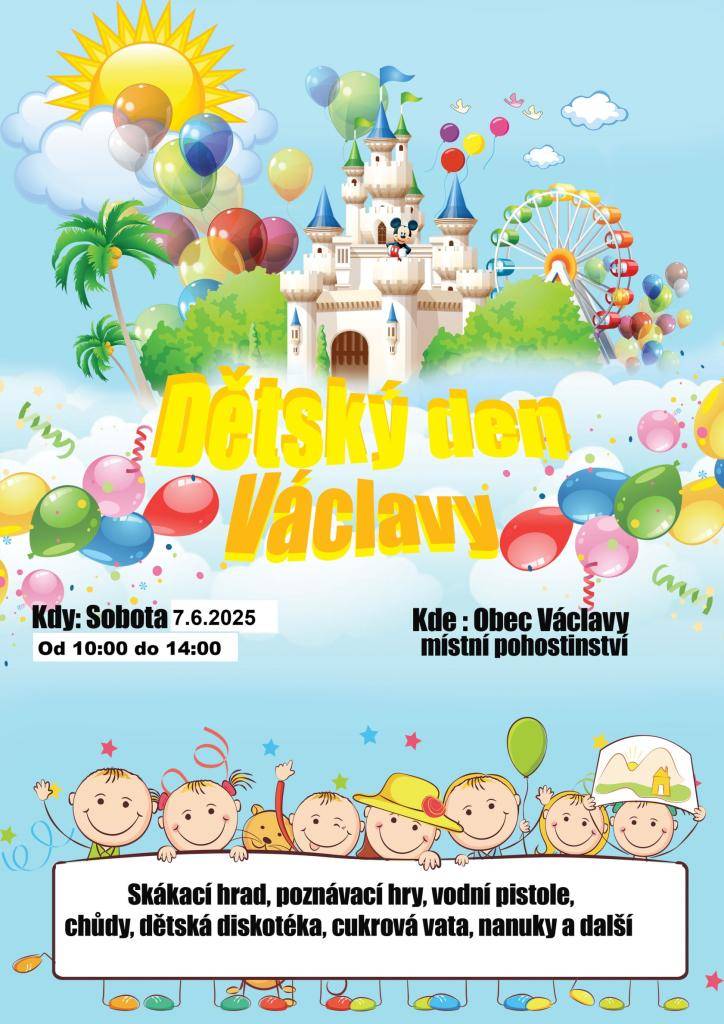 Obec srdečně zve všechny děti i rodiče na Dětský den, který se uskuteční v sobotu 7. června od 10:00 do 14:00.    Těšit se můžete na zábavné soutěže, hry, skákací hrad, malování na obličej, drobné odměny a občerstvení pro malé i velké.    Přijďte si užít den plný radosti a zábavy!    Těšíme se na vá