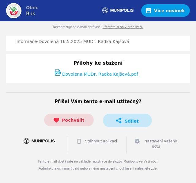 Informace-Dovolená 16.5.2025 MUDr. Radka Kajšová
