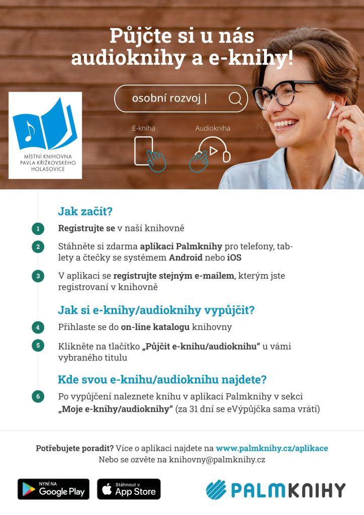 Půjčování e-knih a audioknih  prostřednictvím Místní knihovny Pavla Křížkovského Holasovice  (pověřená knihovna pro regionální služby)    Registrace probíhá prostřednictvím Obecní knihovny Mladecko.