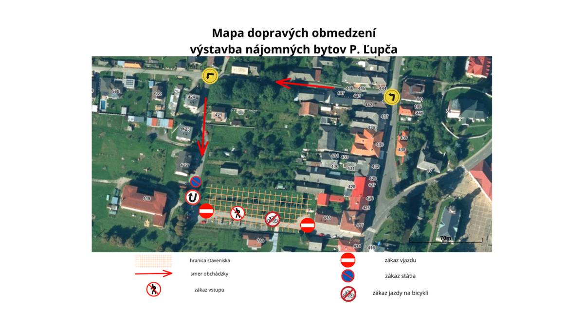 Milí spoluobčania.  Ako sme Vás už informovali, začíname s realizáciou projektu výstavby nájomných bytových domov. Výstavba so sebou prináša aj obmedzenia, čo sa týka prístupu k budove ZŠ s MŠ. V priloženej mape sú vyznačené dopravné obmedzenia, ktoré budú platiť od pondelka 19.5.2025.