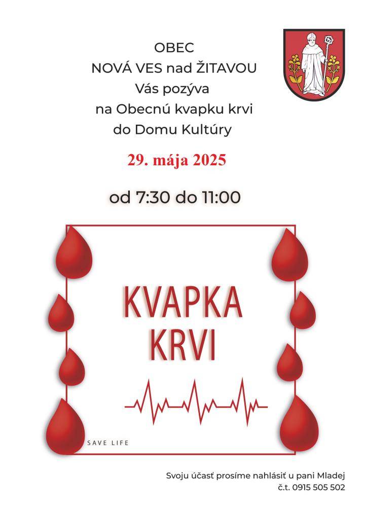 Pozývame vás na obecnú kvapku krvi do Domu kultúry
