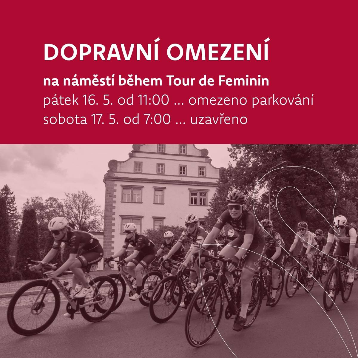 V sobotu 17. května 2025 bude Lužické náměstí uzavřeno od 7:00 do 24:00 hodin z důvodu konání cyklistického závodu Tour de Feminin.   Už v pátek 16. května od 11:00 bude omezeno parkování v části náměstí od Chodské pekárny směrem k pěší zóně.  Děkujeme za pochopení a těšíme se na vás u trati!