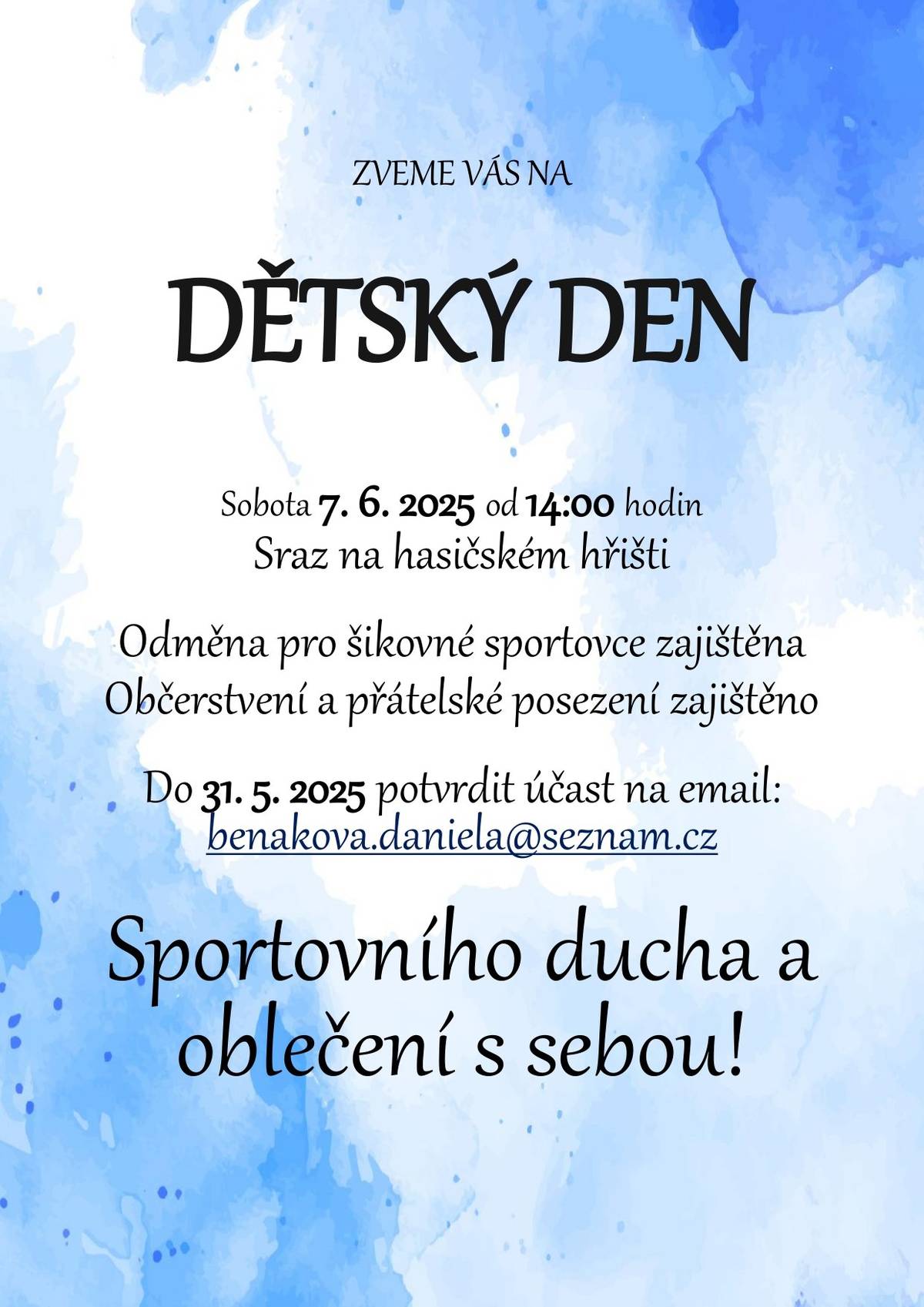 Dětský den 7.6.2025 od 14:00 hodin na hasičském hřišti v Břehově.