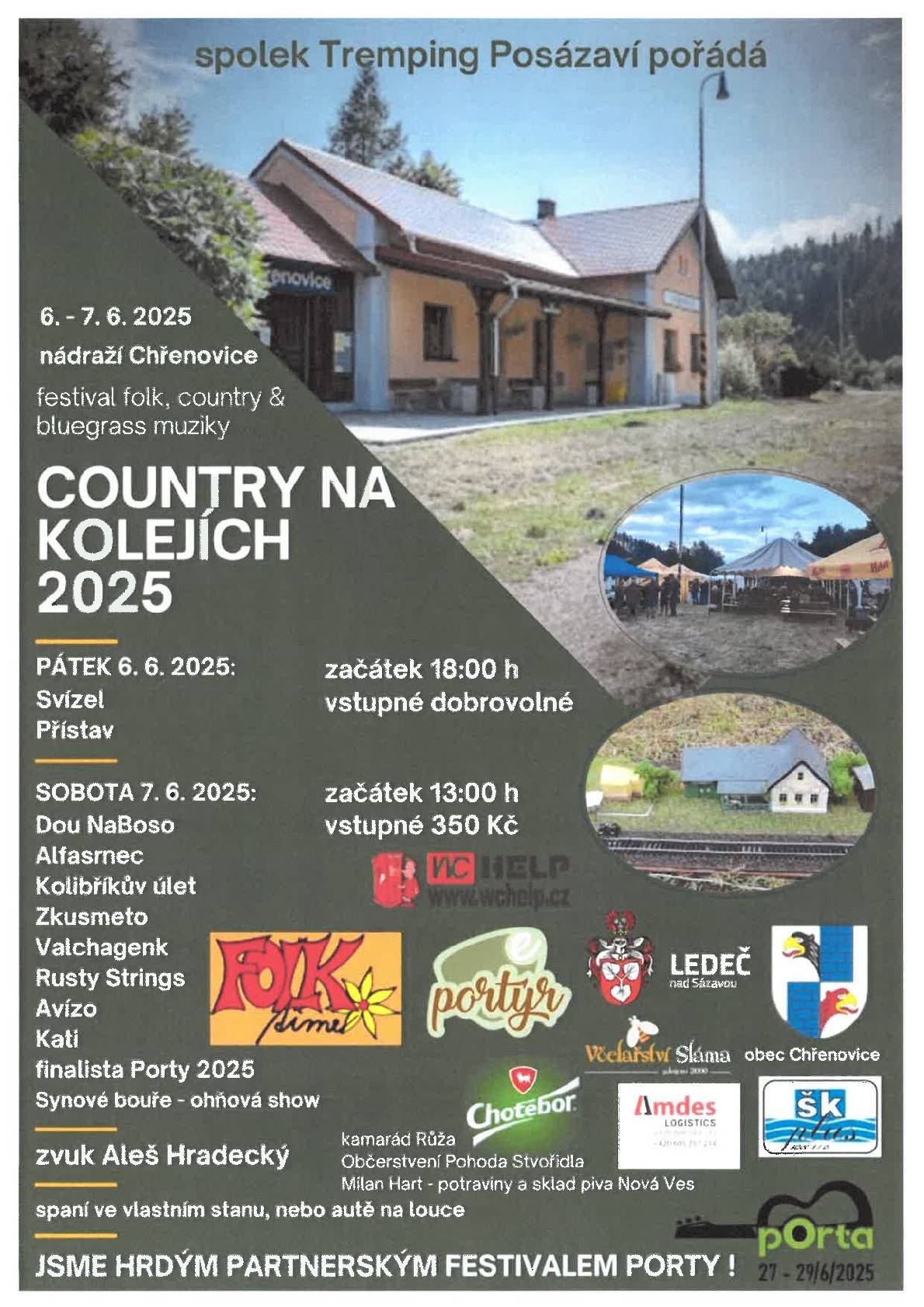 SPOLEK TREMPING POSÁZAVÍ POŘÁDÁ COUNTRY NA KOLEJÍCH 2025. (festival folk, country and bluegrass) NÁDRAŽÍ CHŘENOVICE 6. - 7. 6. 2025 PÁTEK: ZAČÁTEK 18:00 (VSTUPNÉ DOBROVOLNÉ) SOBOTA: ZAČÁTEK 13:00 (VSTUPNÉ 350,-) VÍCE NA WWW.HNEVKOVICE.CZ