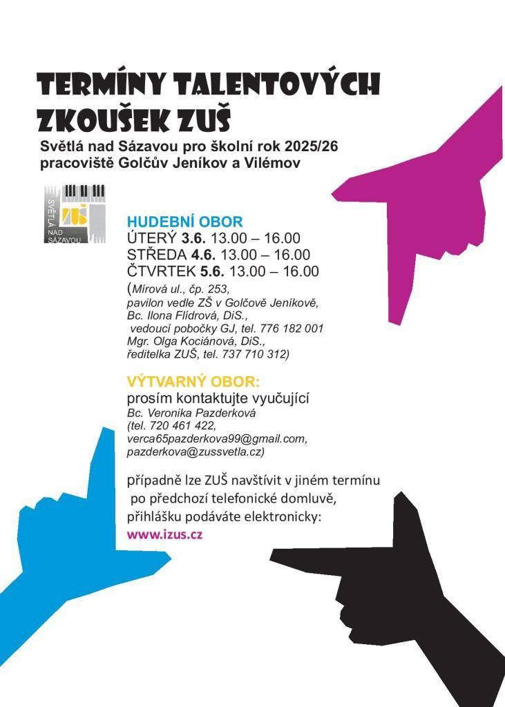 V příloze naleznete termíny talentových zkoušek ZUŠ Světlá nad Sázavou, pracoviště Golčův Jeníkov a Vilémov pro školní rok 2025/2026.