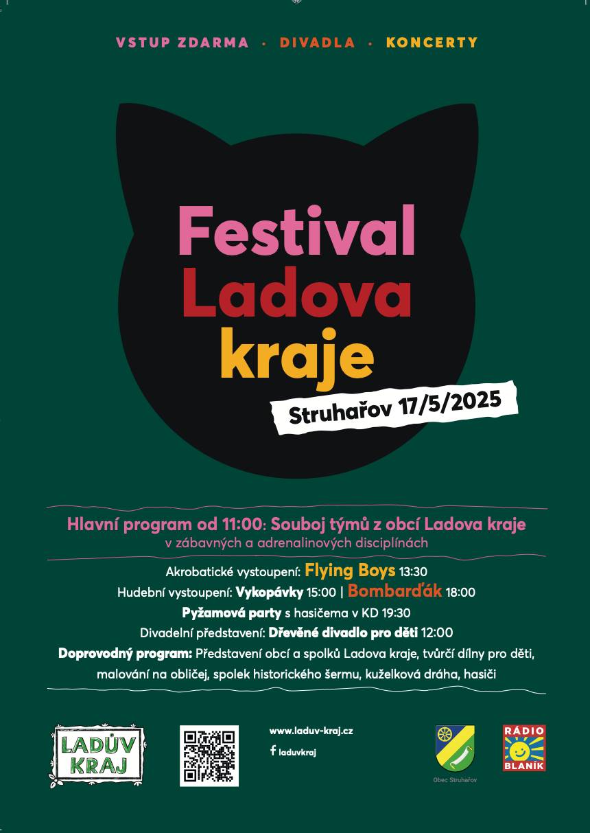 Vážení občané, zveme vás na festival Ladova kraje, který se bude konat tuto sobotu 17.5. 2025 ve Struhařově.