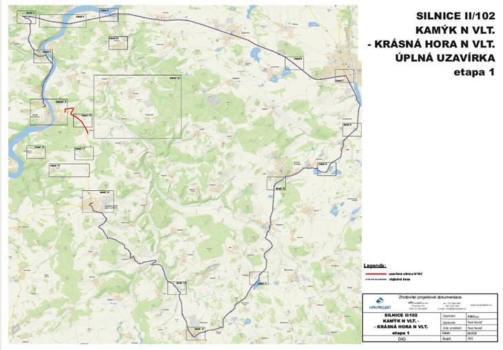 Termín 1. etapy: 19.05.2025 – 02.06.2025 – úplná uzavírka silnice II/102 Řadovy – Krásná Hora nad Vltavou v délce 2,700 km Termín 2. etapy: 03.06.2025 – 08.06.2025 – úplná uzavírka silnice II/102 Kamýk nad Vltavou – Řadovy v délce 1,900 km. Objízdné trasy viz mapa a přiložené soubory.