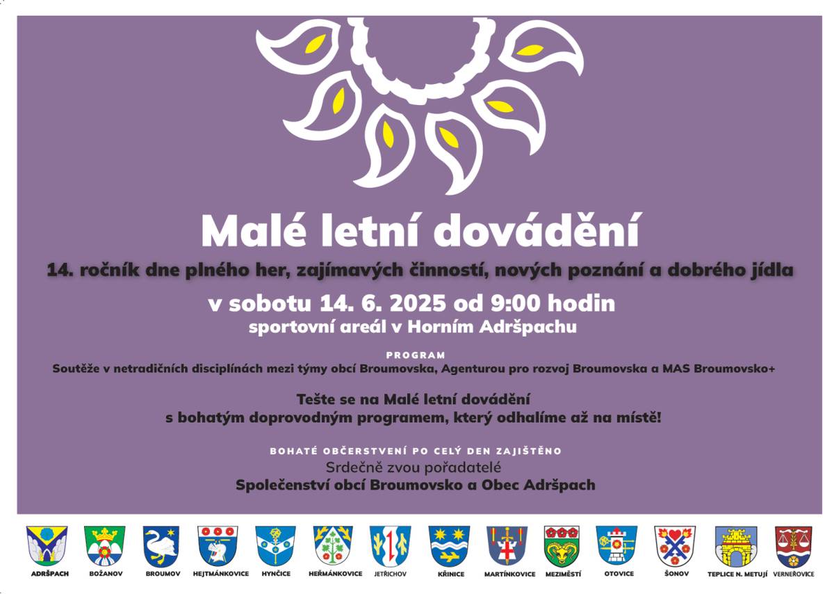 Malé letní dovádění bude v sobotu 14.6.2025 od 9 hodin v Horním Adršpachu 2025