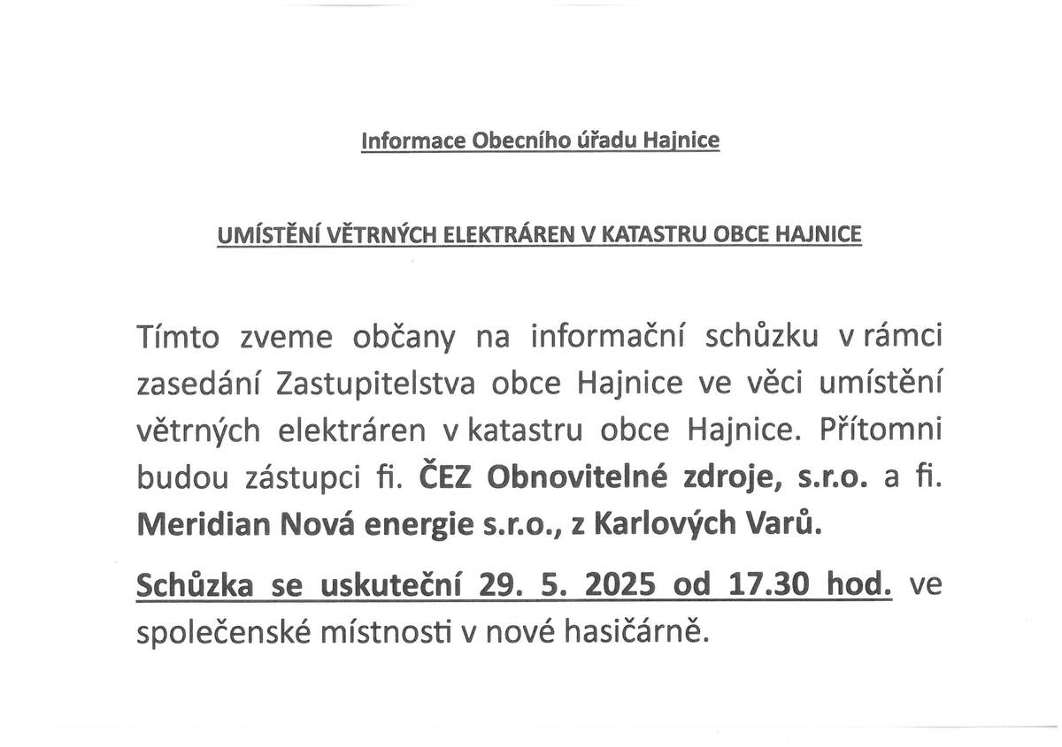 Informační schůzka - větrné elektrárny v obci Hajnice