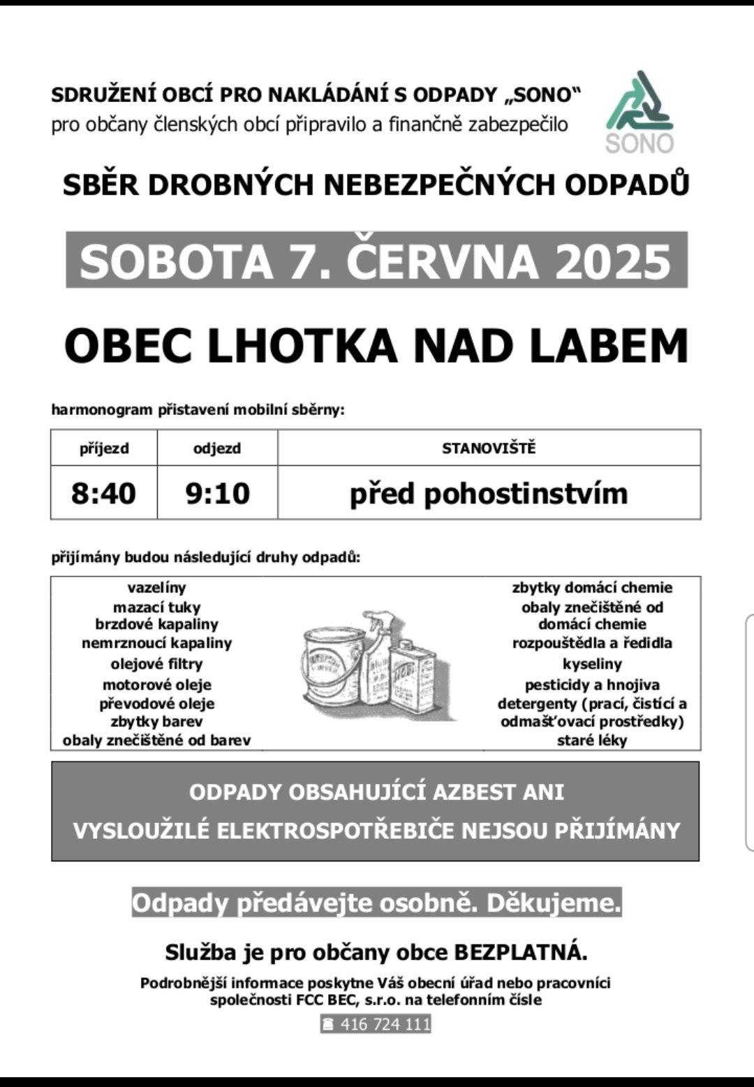 Sběr drobných nebezpečných odpadů 7.6.2025 v 8:40 hod. před pohostinstvím