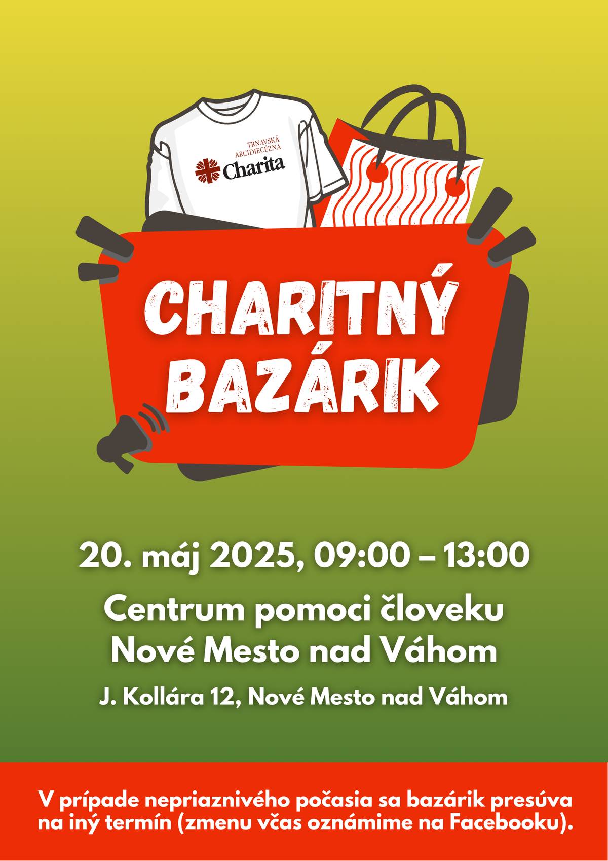 Pozývame vás na charitný bazárik, ktorý sa uskutoční v utorok 20. mája od 9:00 do 13:00 hod. v Centre pomoci človeku v Novom Meste nad Váhom. Príďte si bezplatne vybrať z darovaných vecí: 👕 oblečenie 👟 obuv 🧢 doplnky 🍴 drobnosti do domácnosti   Bazárik je určený pre všetkých, ktorí to aktuálne potrebujú. 🫶 Tešíme sa na vás! 💛