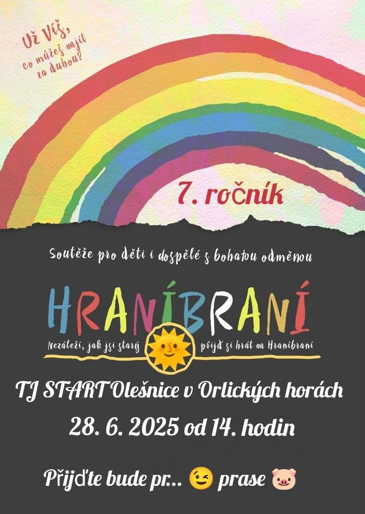 7. ročník olešnického Hraníbraní v areálu TJ Start začíná 28.6. ve 14 hodin. Těšíme se na Vás.