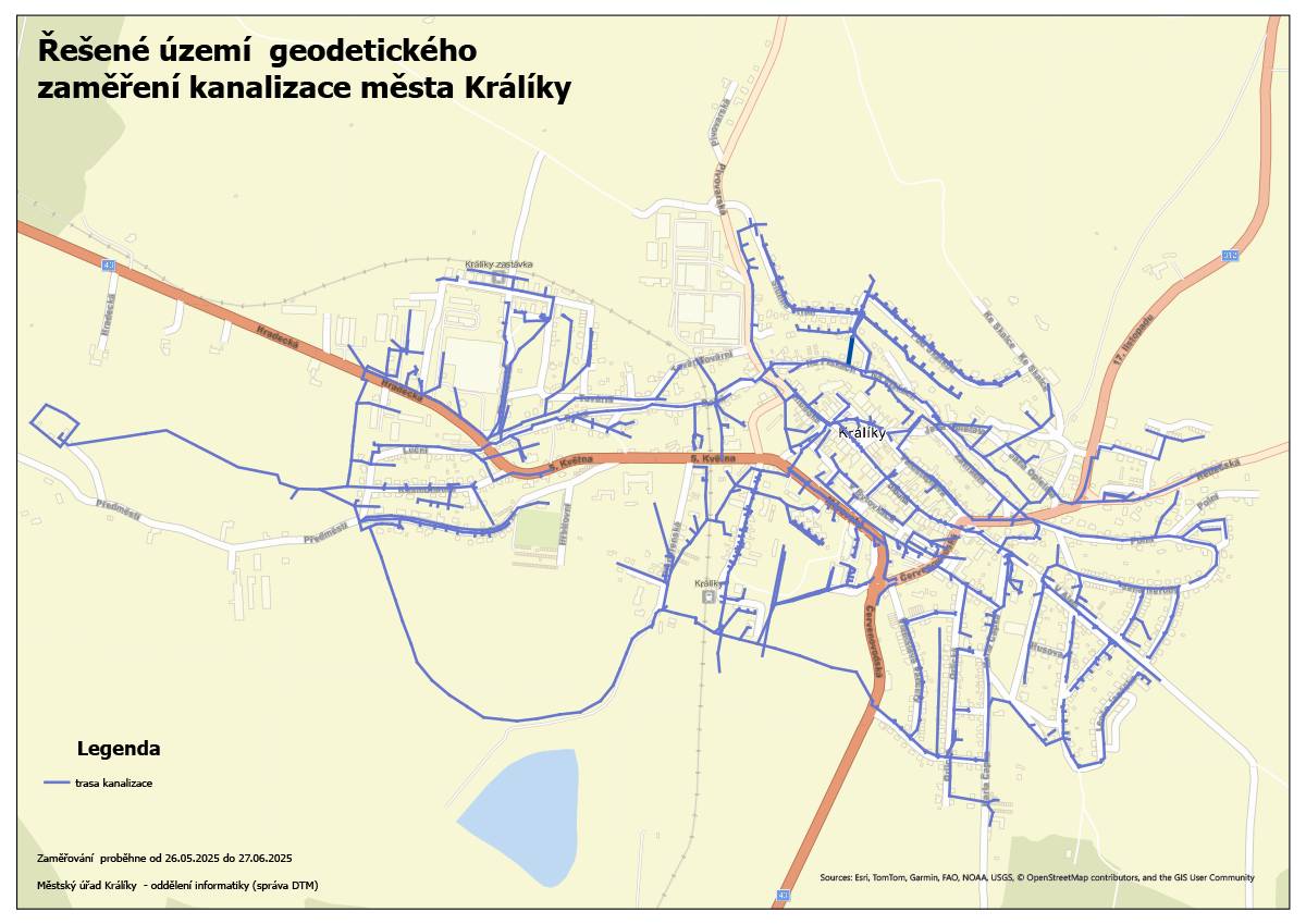 Ve dnech od 26. května do 27. června 2025 bude ve městě Králíky probíhat geodetické zaměření kanalizace. Práce provede společnost HD GEO s.r.o. ze Slavičína.  Prosíme občany o pochopení a děkujeme za vstřícnost a spolupráci při zaměřování kanalizační sítě pro účely digitální technické mapy města Králíky.   =========== Podrobnou mapu ve formátu PDF naleznete na https://www.kraliky.eu/assets/File.ashx?id_org=7255&id_dokumenty=8242