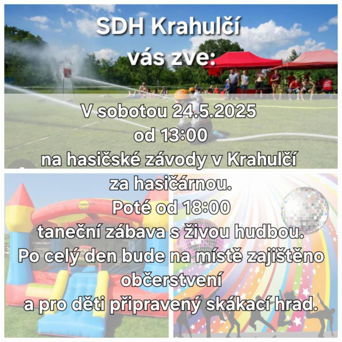 Sbor dobrovolných hasičů Krahulčí zve občany na hasičské závody za hasičárnou, které se konají v sobotu 25.května 2025 od 13.00 hodin.  Poté se na místě koná od 18.00 hodin taneční zábava s živou hudbou. Celý den bude na místě zajištěno občarstvení a pro děti skákací hrad.