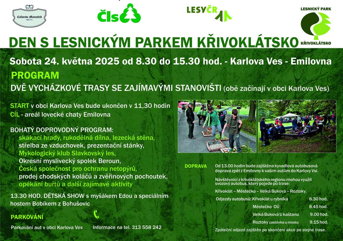 Vážení občané, připomínáme konání oblíbené akci na Emílovně Den s Lesnickým parkem Křivoklátsko. JIž tuto sobotu 24. 5. 2025. Více na plakátu.