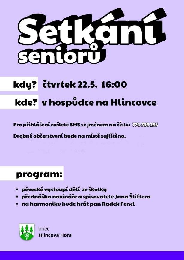 Připomínka - setkání seniorů - čtvrtek 22.5.2025 od 16:00, hospoda