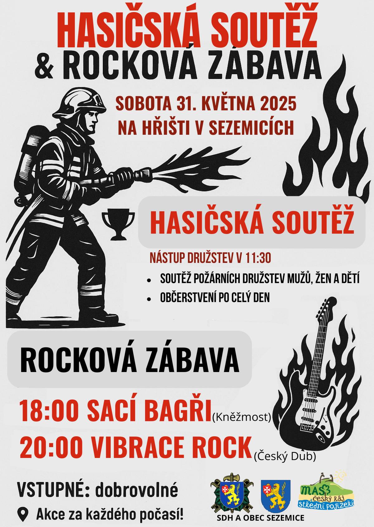 Zveme vás na okrskovou hasičskou soutěž, jejímž hostitelem jsou letos Sezemice. Ihned po soutěži bude program pokračovat živou hudbou.