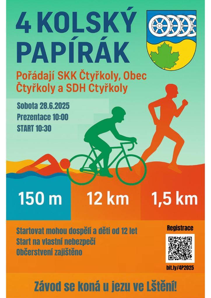 Legenda je zpět! Přijďte si zaplavat (150m), projet se na kole (12km) a proběhnout (1,5km) nebo se alespoň zastavit a zafandit. Start v sobotu 28.6. na jezu ve Lštění. Prezentace od 10h, startujeme v 10:30, Registrace a info na bit.ly/4P2025  Těšíme se na vás!