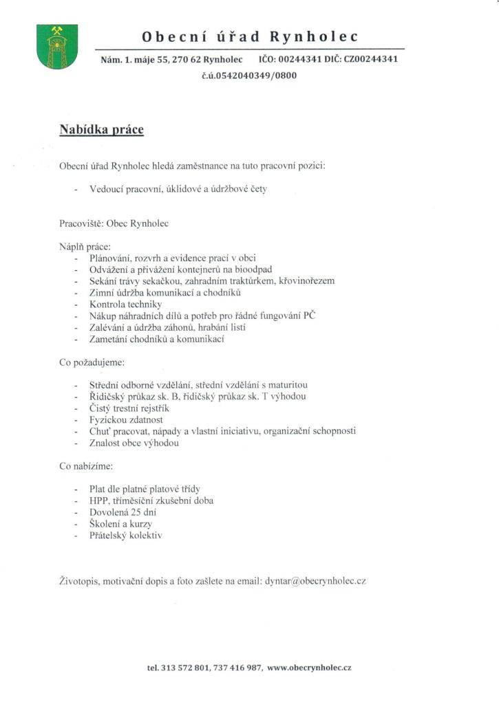 Nabídka práce - vedoucí technické, úklidové pracovní čety