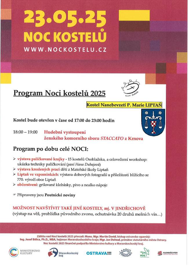 Dne 23.05.2025, od 17:00 do 23:00, proběhne v našem kostele Nanebevzetí P. Marie v Liptani akce "Noc Kostelů".