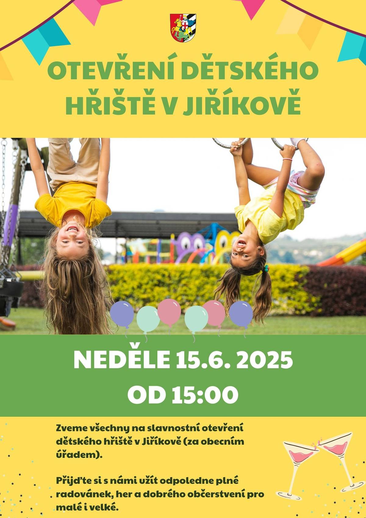 Všechny malé i velké milovníky zábavy a dobrodružství zveme v neděli 15.  června od 15:00 hod. na slavnostní otevření nového dětského hřiště s parkovou úpravou, které najdete mezi budovami obecního úřadu a knihovnou v Jiříkově. Budete mít možnost seznámit se s herními prvky, prohlédnout si výsadbu i mobiliář a hlavně si užít odpoledne plné her a skvělého občerstvení. Zároveň vás prosíme, abyste až do 15. června na hřiště nevstupovali, nechali realizační firmy v klidu dodělat svou práci a neohrožovali tak bezpečnost svou ani ostatních. Děkujeme!