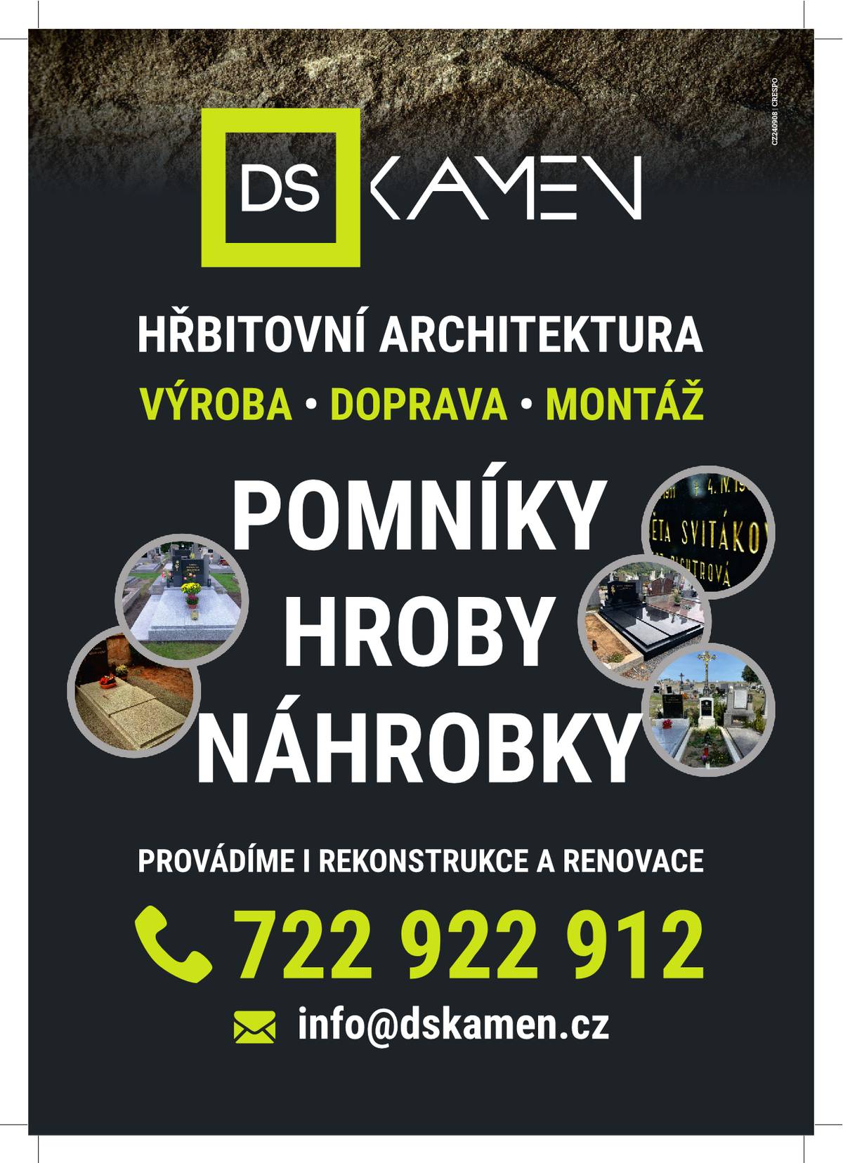 Ve čtvrtek 22.5. ve 12:00 hodin navštíví hřbitov ve Věžné kameníci z firmy DS kamen. Budou poskytovat bezplatné konzultace a přijímat objednávky na stavby a opravy hrobů včetně zlacení a přípisů. Můžete získat nezávaznou nabídku na nový hrob nebo odborné posouzení stavu vašeho hrobu a možnosti jeho renovace. Pokud Vám termín nevyhovuje, rádi se s vámi domluví na individuálním setkání. Kontakt: DS kamen, tel. 722 922 912.