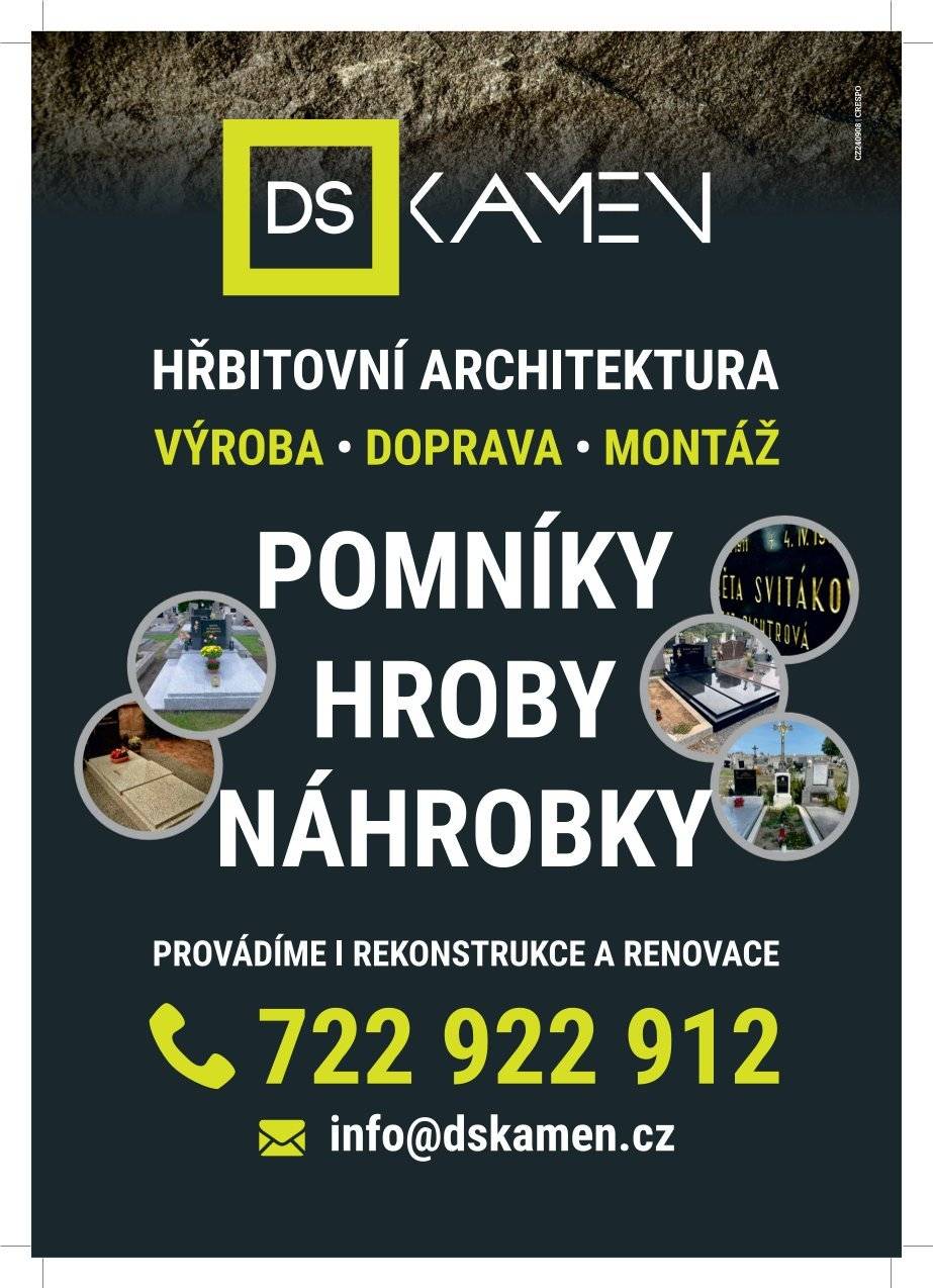 Vážení občané, přinášíme vám nabídku firmy na renovaci a opravu pomníků a náhrobků. Více informací a kontakty v letáčku.