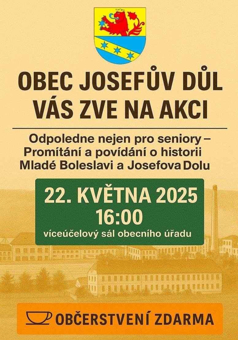 Zveme všechny milovníky historie na ojedinělé promítání dobových fotografií o Josefově Dole a jeho okolí s komentářem Jiřího Šímy. Sál obecního úřadu čtvrtek 22.5 od 16 hodin. Občerstvení a vstup zdarma.