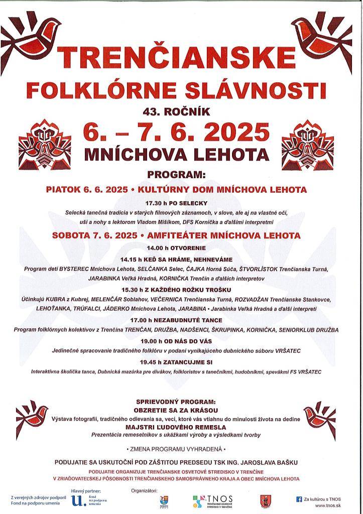 Pozývame Vás na 43. ročník TFS, ktoré sa uskutočnia v dňoch 6.-7.6.2025 v KD a amfiteátri v Mníchovej Lehote.