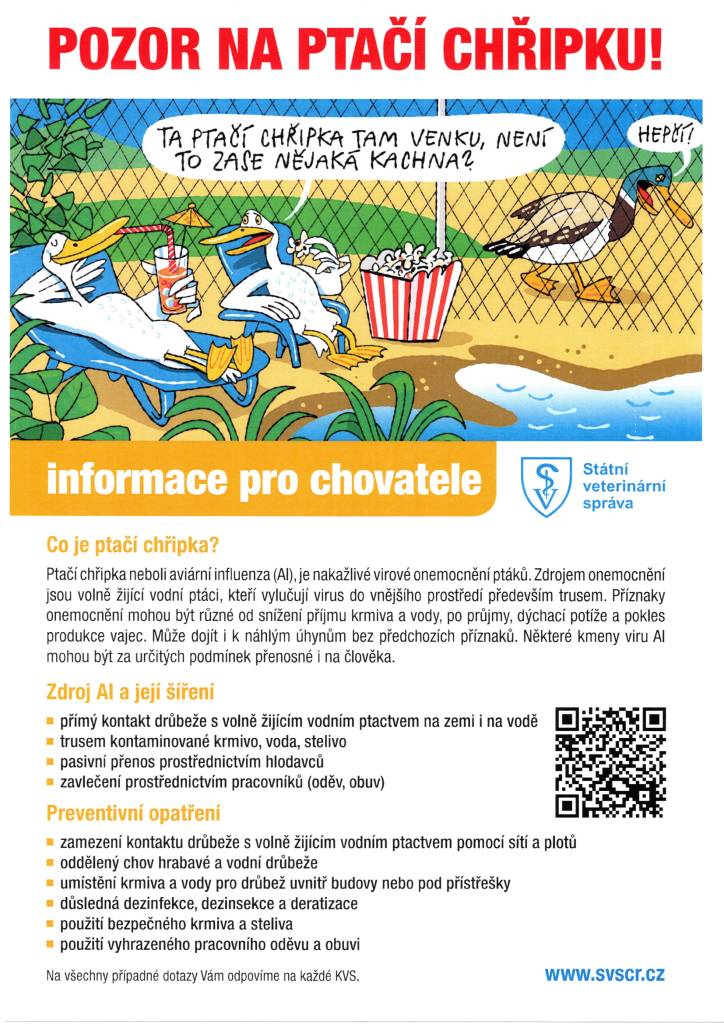STÁTNÍ VETERINÁRNÍ SPRÁVA informuje o zvýšenému výskytu ptačí chřipky