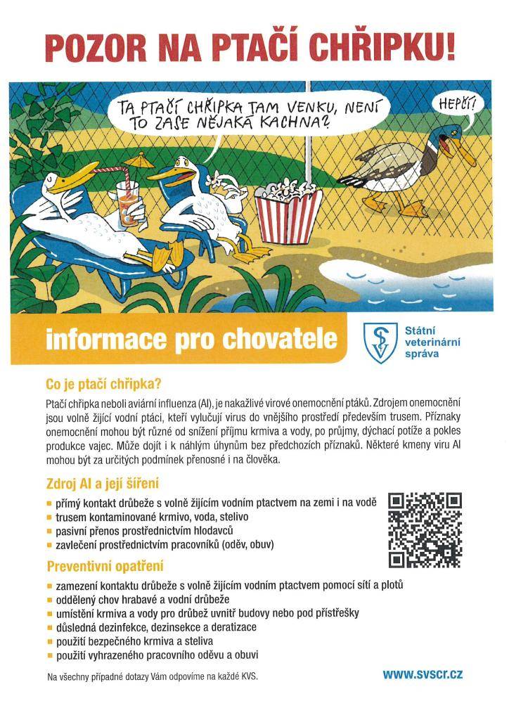 Státní veterinární správa žádá o spolupráci při sledování ptačí chřipky u volně žijících ptáků.