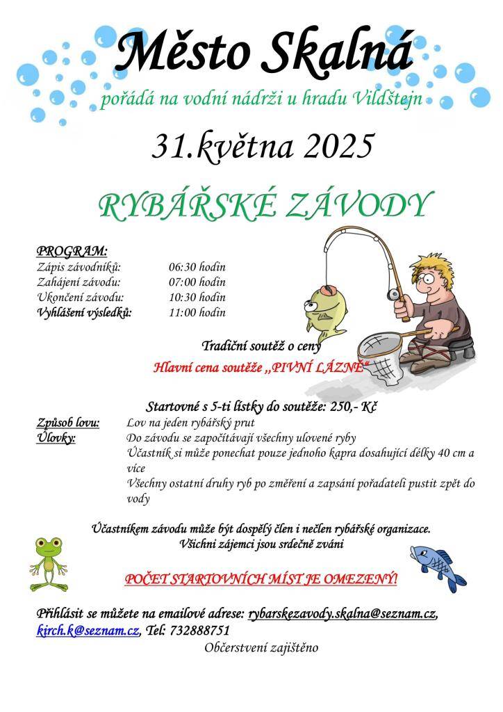 Město Skalná srdečně zve všechny příznivce sportovního rybolovu na tradiční rybářské závody, které se uskuteční v sobotu 31. května 2025 na vodní nádrži u hradu Vildštejn.