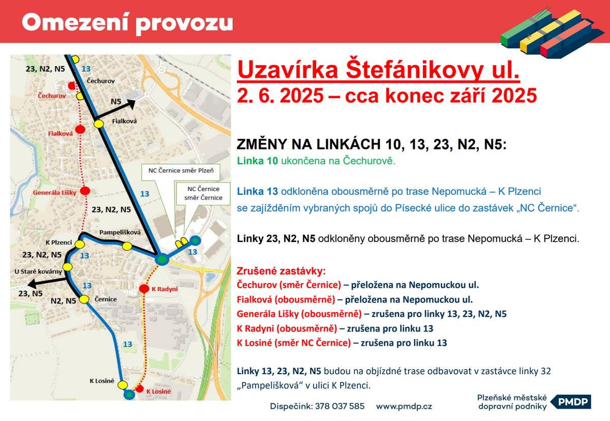 S platností od 2. 6. 2025 do cca konce září 2025 bude probíhat uzavírka v ulici Štefánikova v úseku od Nepomucké ulice po ulici Na Kovářské stráni. 🚌🚎Vlivem této uzavírky dojde ke změnám tras linek 10, 13, 23, N2, N5. Další informace na webu MO8.