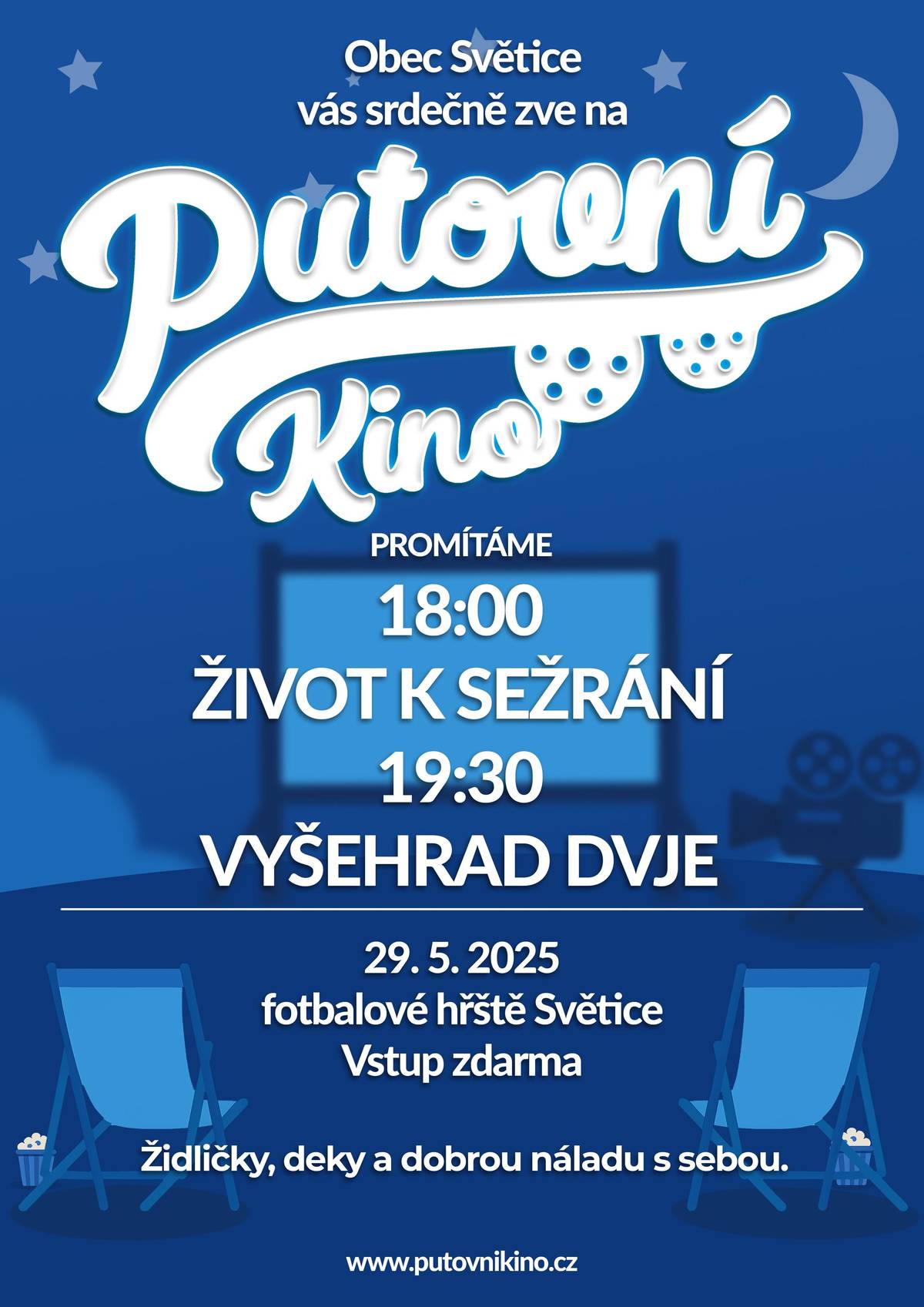Zveme vás na letní kino pod širým nebem! 🎬 Přijďte si užít večer plný filmů, pohody a dobré nálady.  📅 Kdy: 29. května 2025 📍 Kde: fotbalové hřiště Světice 🎥 Promítáme: 18:00 – Život k sežrání 19:30 – Vyšehrad Dvje 🪑 Vezměte si s sebou deky, židličky a dobrou náladu. 🎟️ Vstup zdarma!  Těšíme se na vás! Obec Světice  Zde je oficiální trailer k filmu Život k sežrání (2024): https://youtu.be/eQ6n-XoSKYI - vhodné pro děti i dospělé   Zde je oficiální trailer k filmu Vyšehrad: Fylm Dvě (2025): https://youtu.be/cu_D4E_IiuY - vhodné od 15 let