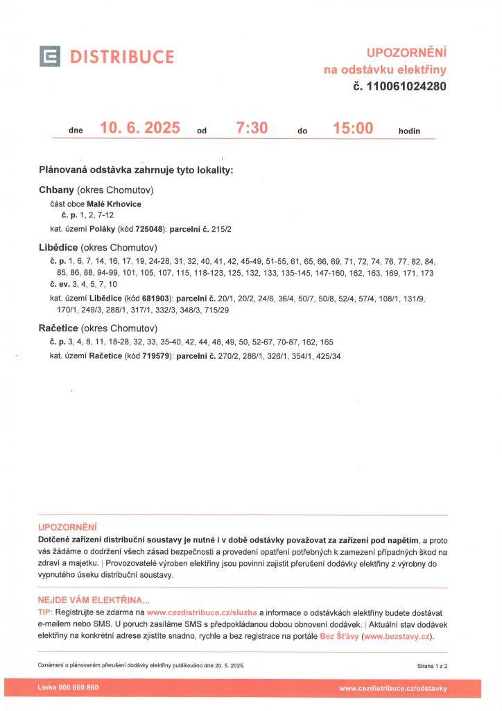 přerušení elektřiny