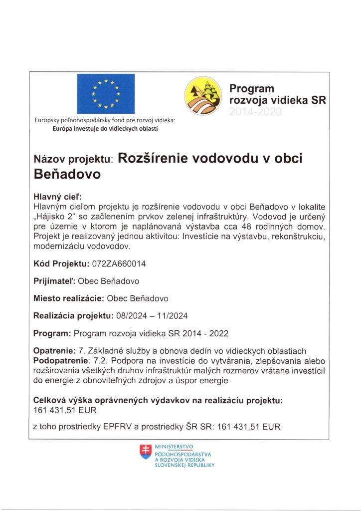 Názov projektu: Beňadovo, lokalita Hájisko 2, rozšírenie vodovodu