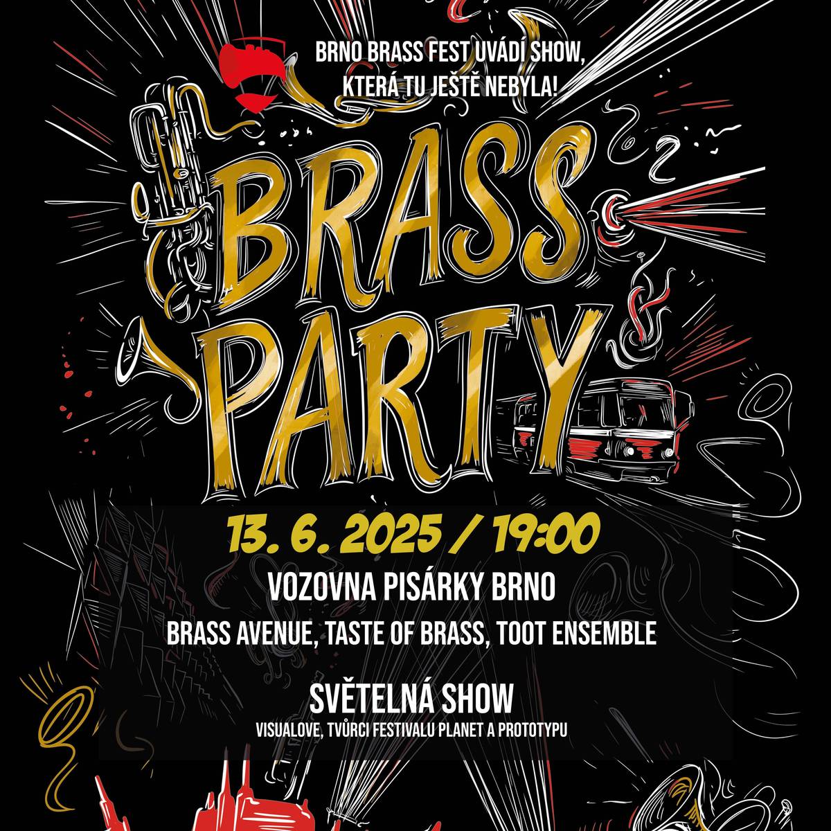 Zatímco se z vozovny Pisárky běžně večer ozývá zvuk nářadí a vysavačů, v pátek 13. června 2025 bude program zcela jiný. V rámci Brno Brass Festu se tu rozezní žesťové nástroje a energická hudba. Tři multižánrové kapely promění halu denního ošetření a očisty tramvají v taneční prostor pro tisícovku návštěvníků.   Na pódiu postupně vystoupí Brass Avenue, Taste of Brass a TooT Ensemble. Jejich společným jmenovatelem je výrazné spojení žesťových a bicích nástrojů – vzniká tak silně rytmická a taneční Brass Party, která nenechá nikoho stát. Hudební večer doplní světelná instalace studia VISUALOVE, známého například z Festivalu planet. Po skončení koncertu DPMB zajistí posilové tramvajové spoje ze smyčky Pisárky.  Vstupenky na akci jsou k zakoupení na: 👉 https://brnobrassfest.cz/brass-party/