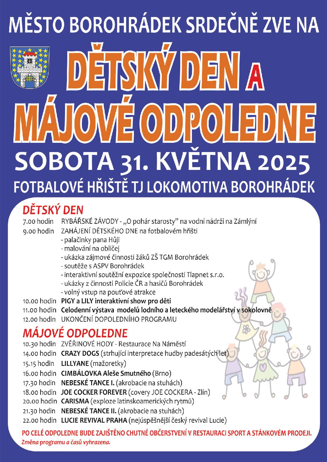 V sobotu 31. května 2025 v 7 hodin, na vodní nádrži Zámlýní (Pešťák), začíná rybářskými závody O pohár starosty města celodenní kulturní a společenská akce Dětský den a májové odpoledne 2025. Program a další informace naleznete ZDE. V rámci Dětského dne a májového odpoledne bude pro všechny zájemce připravena v sokolovně jedinečná výstava lodních a leteckých modelů.