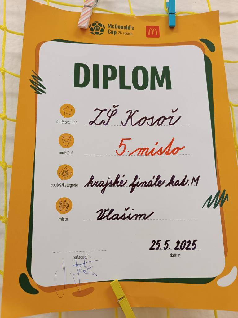 15. května se ve sportovním areálu ve Vlašimi konalo krajské kolo McDonald´s Cupu, který patří mezi největší dětské fotbalové turnaje v České republice. Akce se zúčastnilo mnoho dětí, které prokázaly své fotbalové dovednosti a nadšení pro hru. Velká gratulace našemu týmu za krásné umístění.